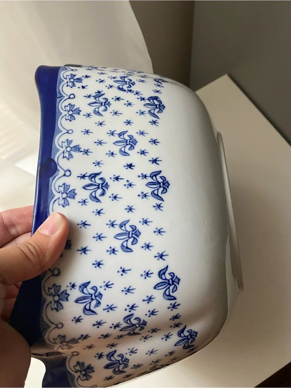 Vintage WCL Fleur De Lis Serving Dish Bowl Scalloped Corners, Blue And White